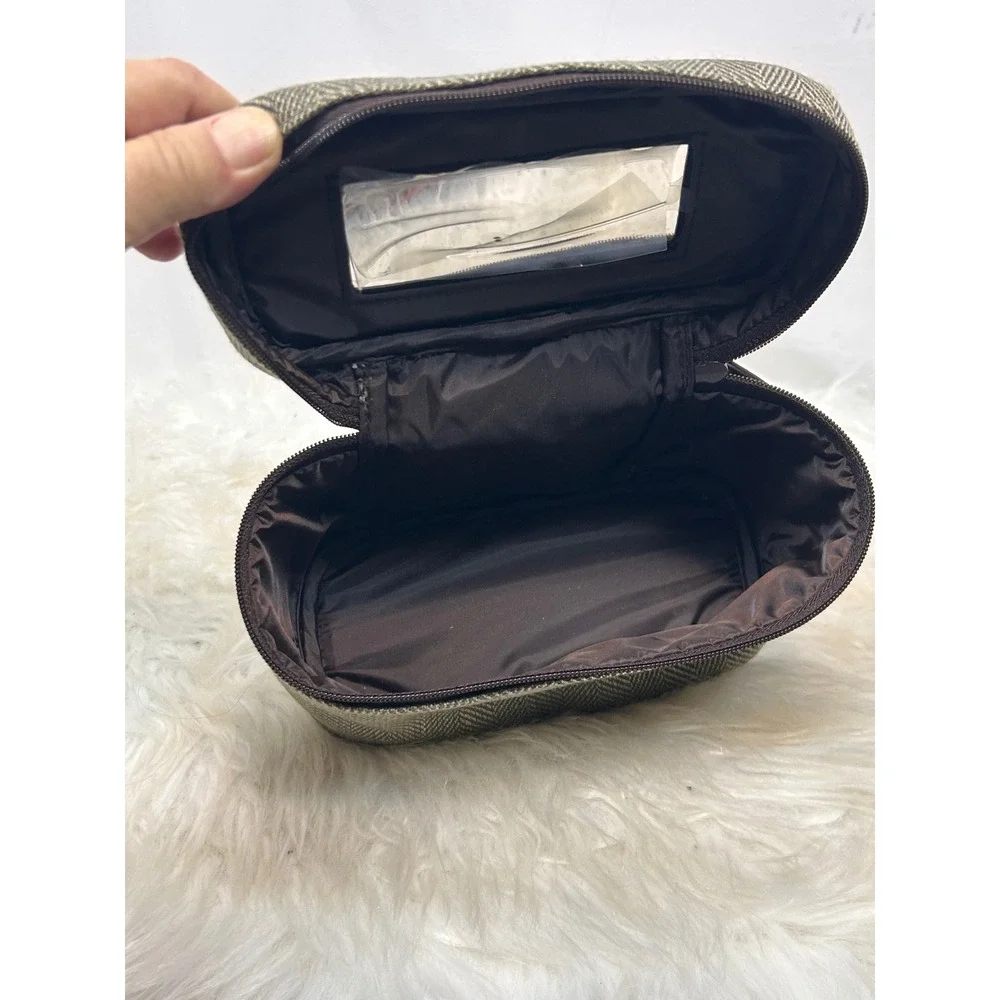 Herringbone Travel Tote Bag and Matching Cosmetic Case Set Brown Tan New
